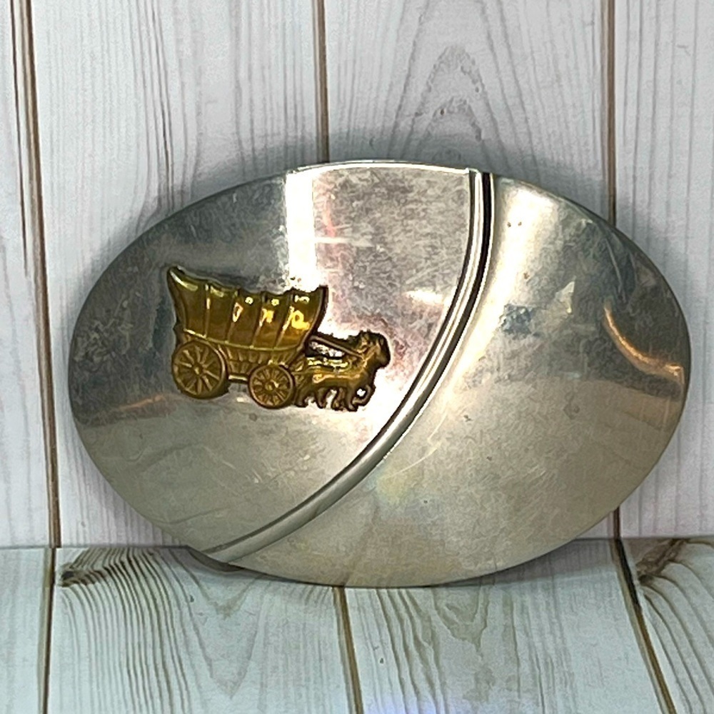 Vintage Nicklel Silver Belt Buckle Covered Wagon Horse Carriage Western Casual - Picture 2 of 8